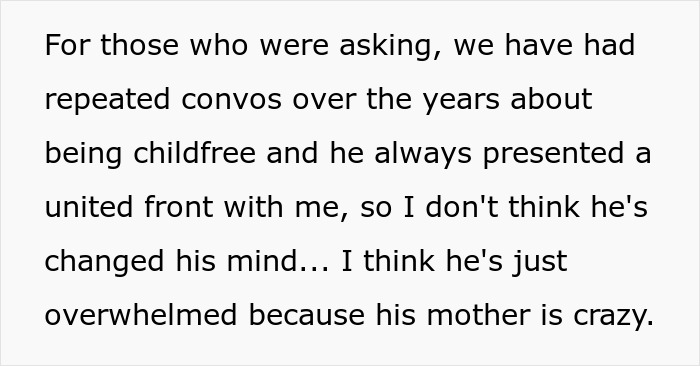 A screenshot of text about the user's husband being childfree and his mother making a plan to have kids.