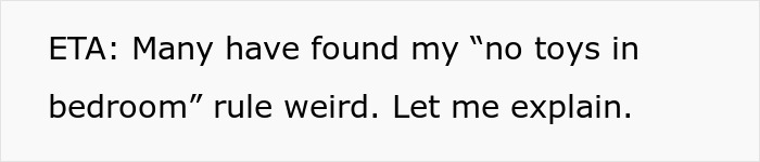 Text explaining a mom's boundaries with a nanny about not having toys in the bedroom.