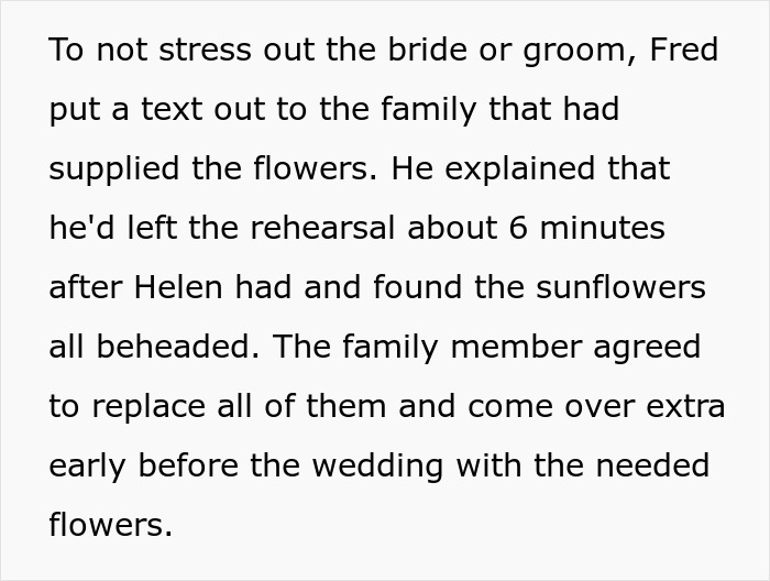 Wedding guests mobilize at 4 AM to save the day after insane MIL sabotages the wedding by beheading sunflowers. Wedding guests mobilize at 4 AM to save the day after insane MIL sabotages the wedding by beheading sunflowers.