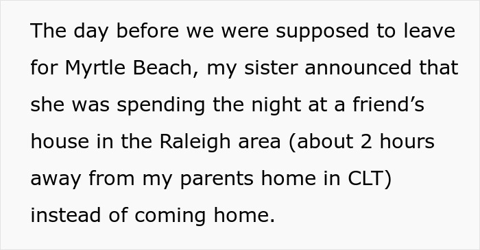 Text snippet explaining sister's unexpected reaction before the car trip, sparking family drama. Text snippet explaining sister's unexpected reaction before the car trip, sparking family drama.