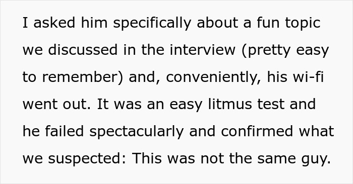 A software engineer discovers a new hiring scam during an interview with an imposter who failed a simple test.