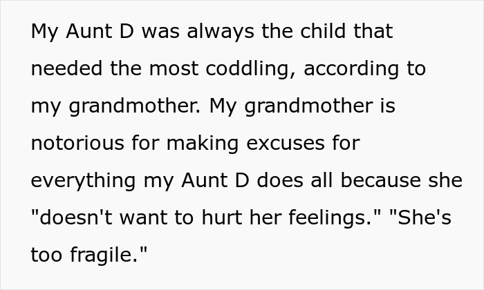 Screenshot of text explaining how a woman's grandmother coddles her aunt, banned from the wedding. Screenshot of text explaining how a woman's grandmother coddles her aunt, banned from the wedding.