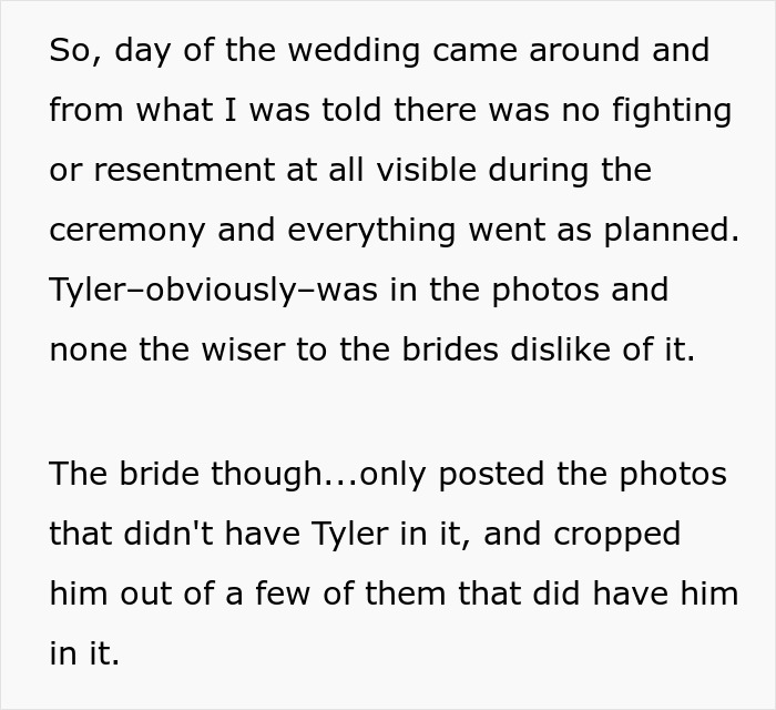 Text snippet detailing the wedding day, where the bride with twisted values cropped out images of a guest.