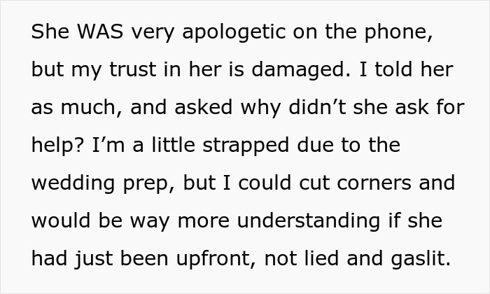 Bride shocked: The bride discusses trust damaged with the MOH after the dress incident. Bride shocked: The bride discusses trust damaged with the MOH after the dress incident.