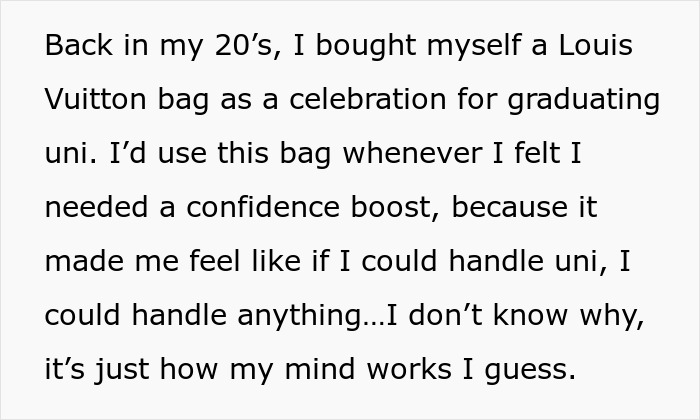 Screenshot of a Reddit post about a woman buying a Louis Vuitton designer bag for graduation. Screenshot of a Reddit post about a woman buying a Louis Vuitton designer bag for graduation.