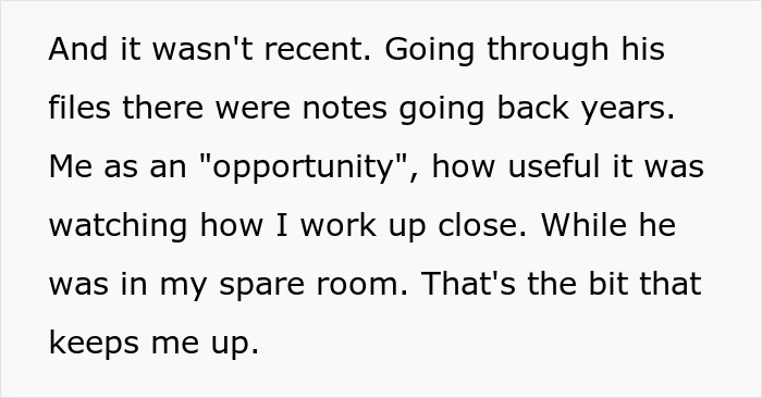 Friend rebuilds life, then allegedly copies business: Text showing notes from years ago, friend used host as an 'opportunity'. Friend rebuilds life, then allegedly copies business: Text showing notes from years ago, friend used host as an 'opportunity'.