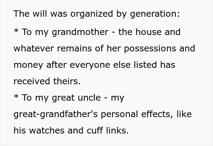 Great-grandma's will organized by generation, detailing inheritances for grandmother and great-uncle from beyond the grave. Great-grandma's will organized by generation, detailing inheritances for grandmother and great-uncle from beyond the grave.
