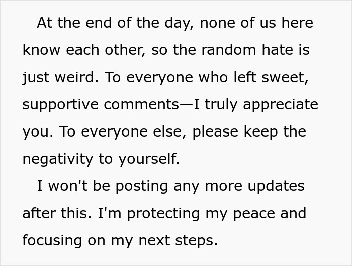 Text from the daughter thanking supporters and asking others to keep negativity to themselves regarding her narcissist mom. Text from the daughter thanking supporters and asking others to keep negativity to themselves regarding her narcissist mom.