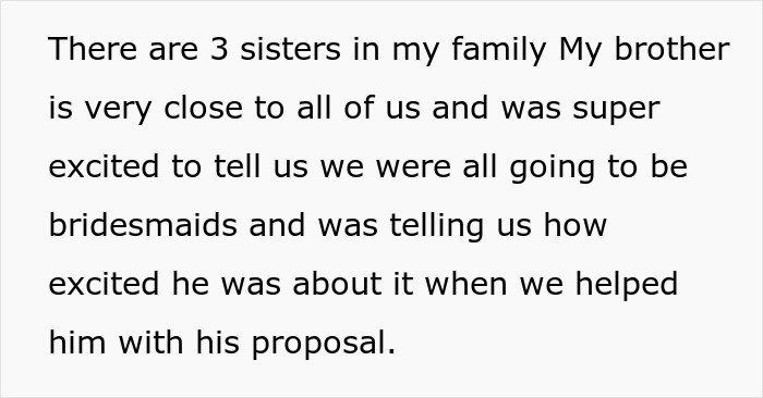 Text describing the groom's initial excitement for his sisters to be bridesmaids, before the bridesmaid dresses weight issue. Text describing the groom's initial excitement for his sisters to be bridesmaids, before the bridesmaid dresses weight issue.