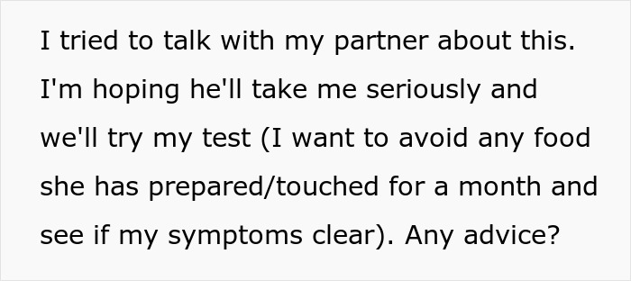 Text explaining a woman's plan to avoid her future mother-in-law's food to test symptoms. Text explaining a woman's plan to avoid her future mother-in-law's food to test symptoms.