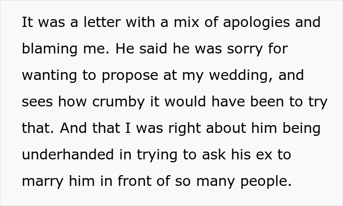 Text snippet: Entitled man's letter of apology and blame for proposing at brother's wedding, acknowledging it was underhanded.