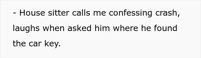 House sitter confessed to crashing the car and laughed about finding the car key.