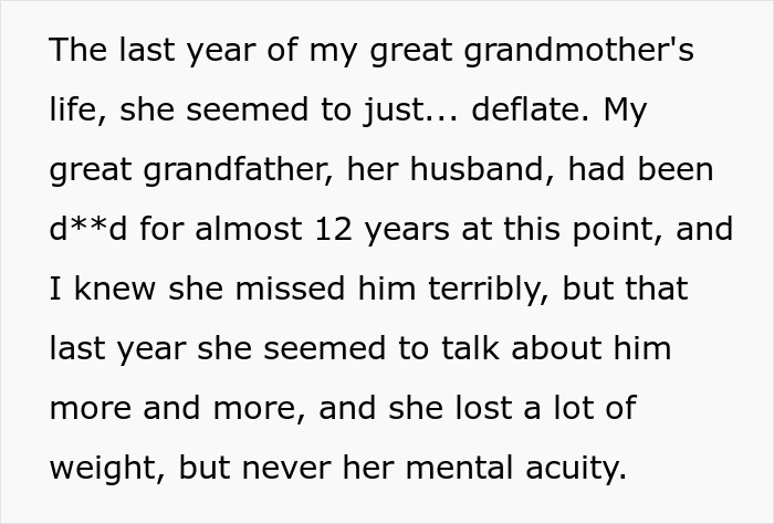 Text detailing the great-grandma's final year, underscoring her resilience and the idea of trolling from beyond the grave. Text detailing the great-grandma's final year, underscoring her resilience and the idea of trolling from beyond the grave.