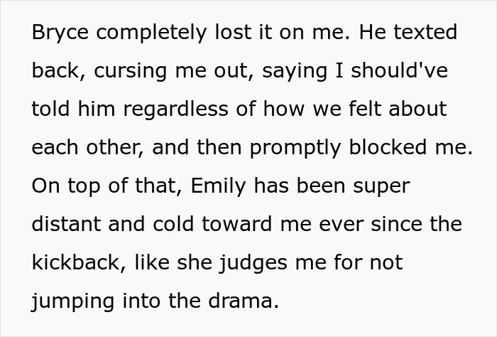 Text showing Bryce's angry response and blocking the guy for not exposing his cheating GF, and Emily's coldness.