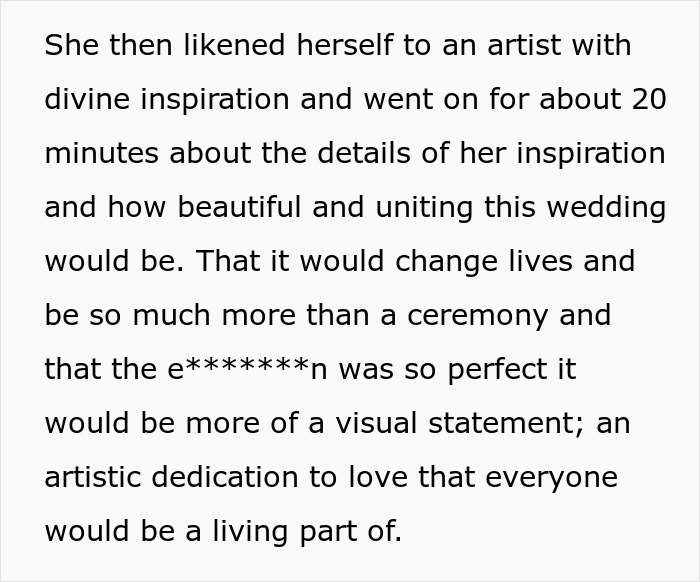 Text about a bride describing her wedding as an artistic dedication to love, expecting a violin performance.