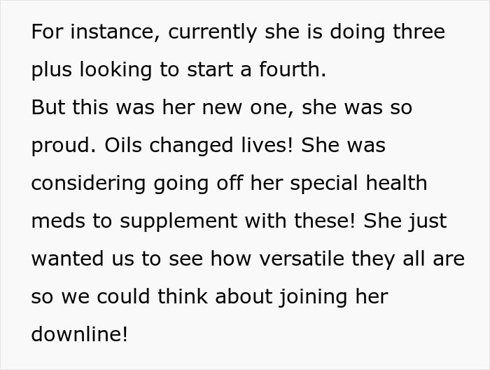 A screenshot of text explaining MIL's pride in her new essential oils MLM and considering replacing health meds, affecting the Thanksgiving holiday. A screenshot of text explaining MIL's pride in her new essential oils MLM and considering replacing health meds, affecting the Thanksgiving holiday.