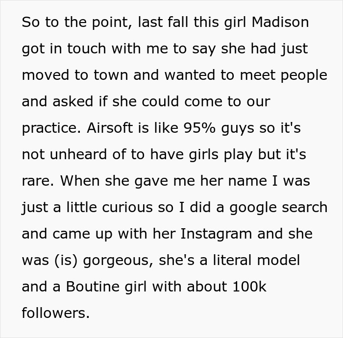Screenshot of text explaining how an Airsoft leader met a woman who joined the squad, relevant to Airsoft sponsors. Screenshot of text explaining how an Airsoft leader met a woman who joined the squad, relevant to Airsoft sponsors.