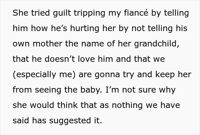 A screenshot describing an overbearing FMIL guilt-tripping her son about the baby name announcement. A screenshot describing an overbearing FMIL guilt-tripping her son about the baby name announcement.