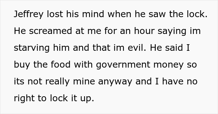 Text describing Jeffrey getting violent and bringing up CPS after the fridge was locked.