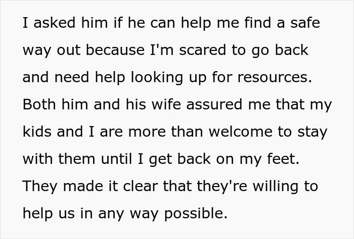 Text about finding a safe way out and receiving help after a husband's violent reaction. Text about finding a safe way out and receiving help after a husband's violent reaction.