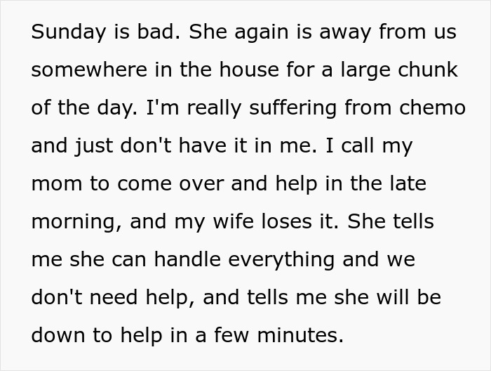 A cancer-stricken man suffers from chemo, seeking his mom's help, but his postpartum wife insists she can handle everything.