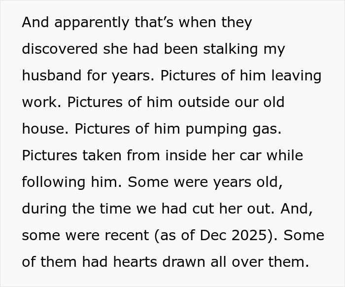 Text detailing discovery of a woman's scary fixation and stalking of a groom, an unsettling turn.