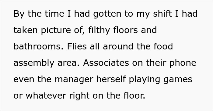 Text snippet: Student worker documents filthy conditions and an unprofessional lazy manager playing games at work.