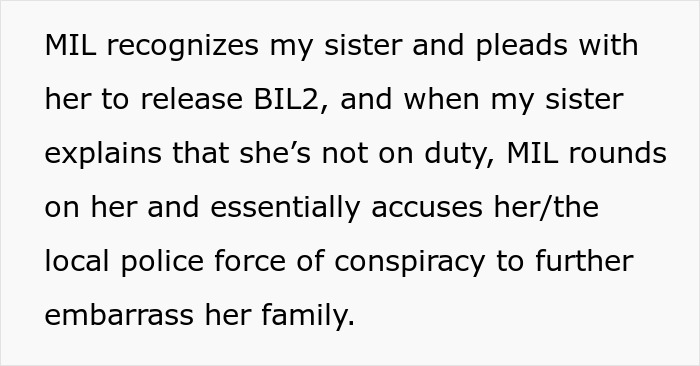 A screenshot showing text about a groom's mom accusing the bride's sister of conspiracy, related to a family wedding ban.