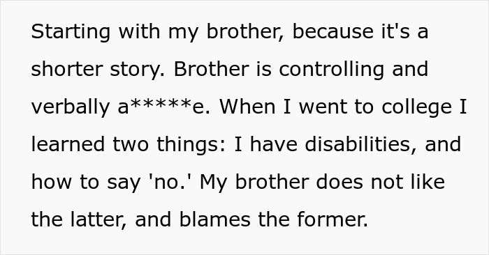 A text box describing the brother's controlling behavior, relevant to the anxious sibling's wedding boycott.