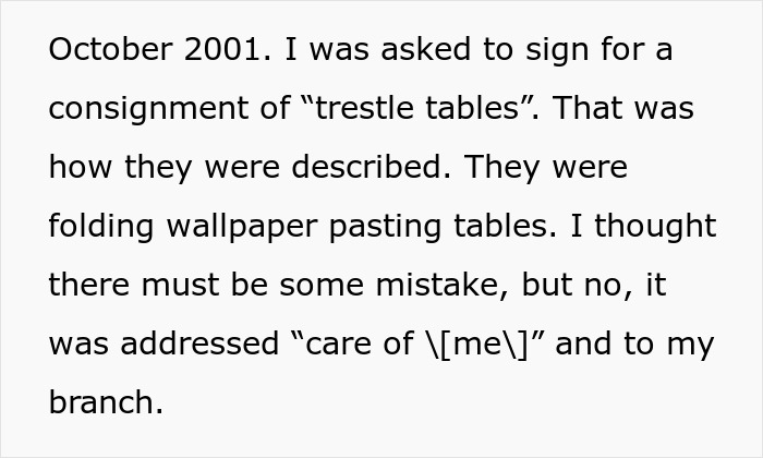 Text: Consignment of trestle tables, a stupid idea that would prevent customers from entering the store. Text: Consignment of trestle tables, a stupid idea that would prevent customers from entering the store.