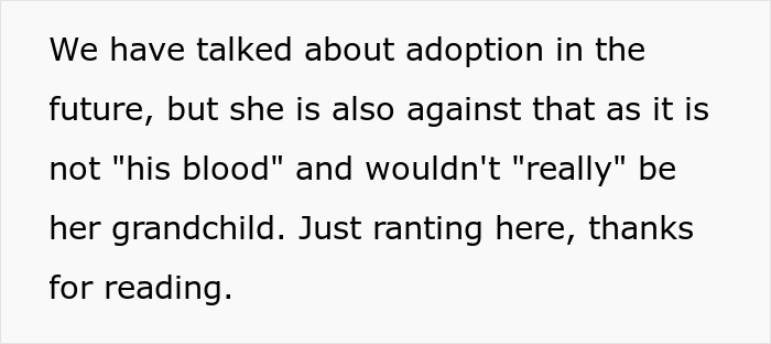 Future mother-in-law against adoption, views children not of his blood as not her grandchild.