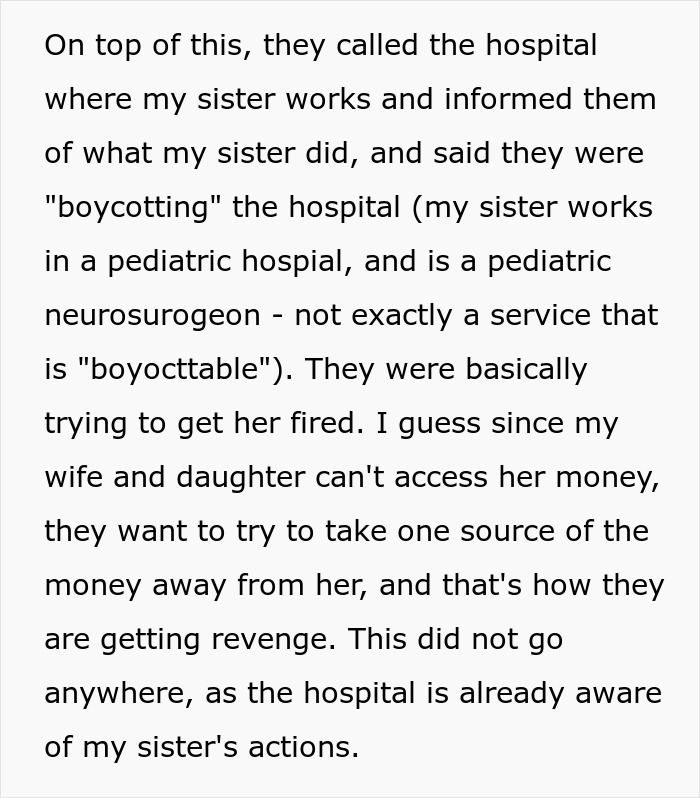 Text detailing family efforts to get the aunt fired, showing the college fund loss consequences. Text detailing family efforts to get the aunt fired, showing the college fund loss consequences.