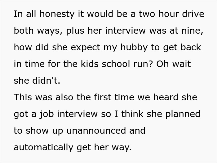 Text revealing the MIL demands a four-hour ride before sunrise for an unannounced job interview plan. Text revealing the MIL demands a four-hour ride before sunrise for an unannounced job interview plan.