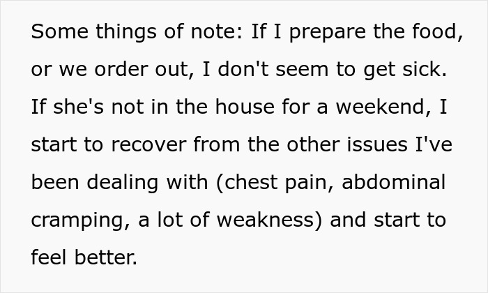 Text explaining a woman's recovery when her mother-in-law is absent, suggesting food issues. Text explaining a woman's recovery when her mother-in-law is absent, suggesting food issues.