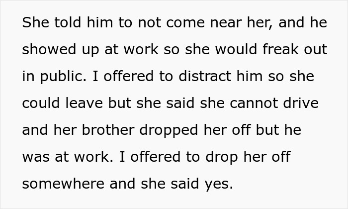 Screenshot of text where a woman tries to help her co-worker avoid her cheating ex at work.