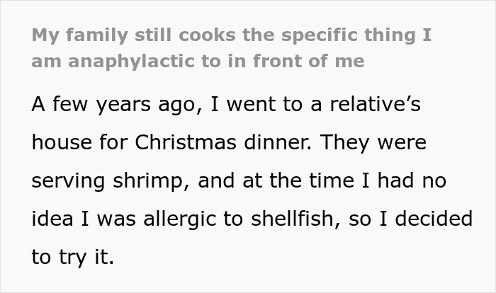 Family Doesn't Care About Person's Health, Says They're Overreacting: "Within Minutes My Throat Started Closing" Family Doesn't Care About Person's Health, Says They're Overreacting: "Within Minutes My Throat Started Closing"