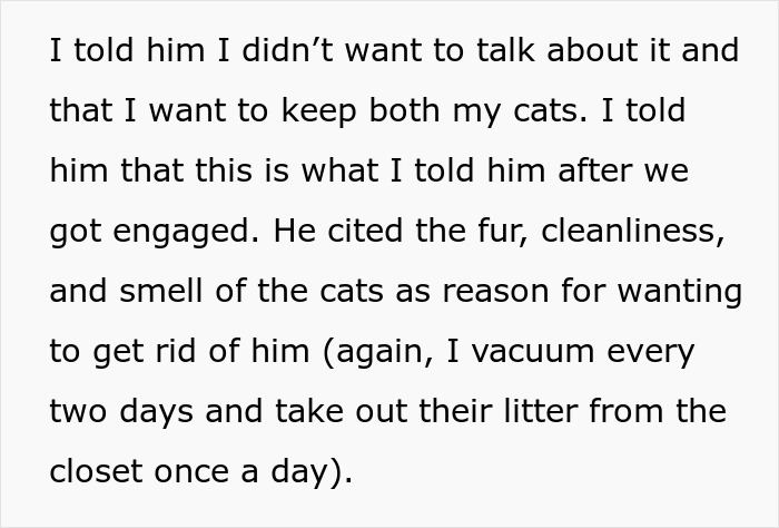 A text screenshot about a bride-to-be refusing to give up her cats, causing tension in her engagement. A text screenshot about a bride-to-be refusing to give up her cats, causing tension in her engagement.