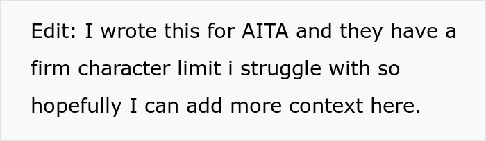 Text explaining an edit for AITA due to character limits, adding context about the wedding guest list situation.