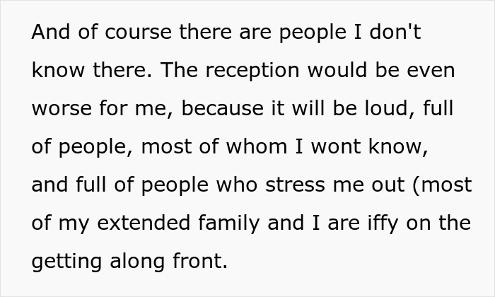 Text detailing the stressful wedding reception with unknown people, loud environment, and anxiety disorder triggers.