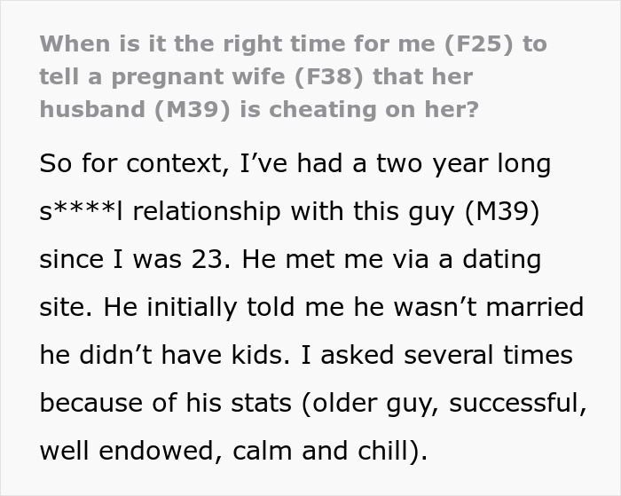 A screenshot of a woman asking for advice about telling a pregnant wife her husband is a cheater.