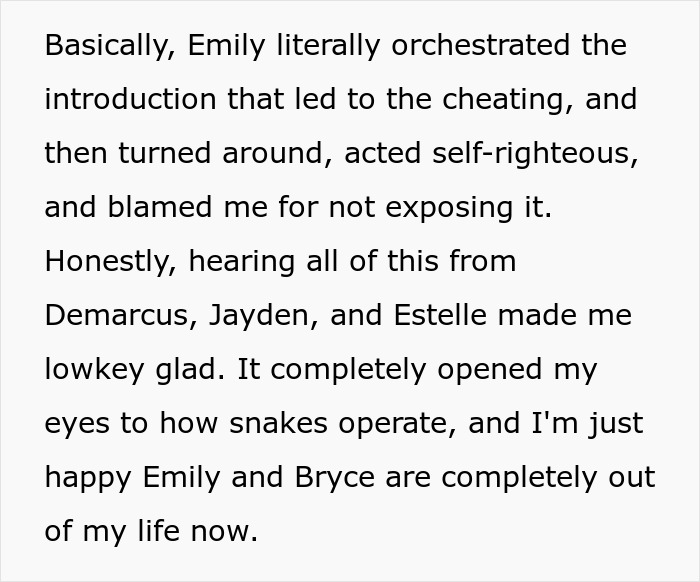 Text explaining the realization about Emily's orchestration of the cheating, and friends icing him out.