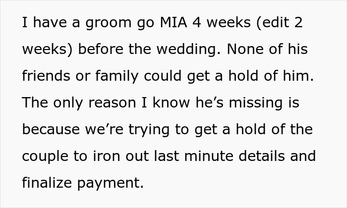 Wedding planner's story of a groom going missing weeks before his big day. Wedding planner's story of a groom going missing weeks before his big day.