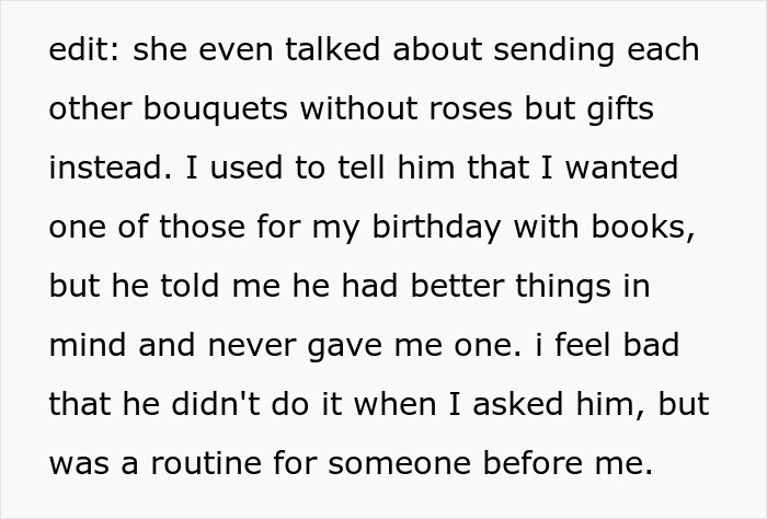 A woman reveals her husband gave gifts to his ex but not to her, making her feel bad about his old pics. A woman reveals her husband gave gifts to his ex but not to her, making her feel bad about his old pics.