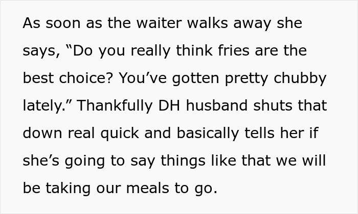 Screenshot of the husband defending his pregnant wife from the aunt's weight insult at family dinner.