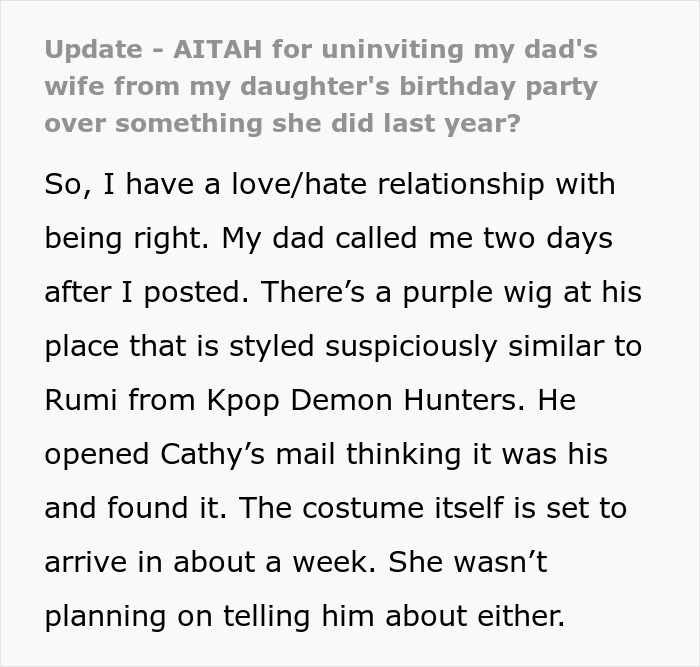 A Reddit update post revealing the stepmom's K-pop character wig for a kid's birthday party, confirming her hijack plans. A Reddit update post revealing the stepmom's K-pop character wig for a kid's birthday party, confirming her hijack plans.