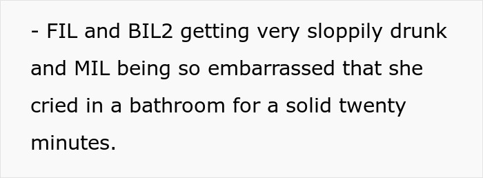 Groom's mom cries in the bathroom after family members get drunk at the wedding.