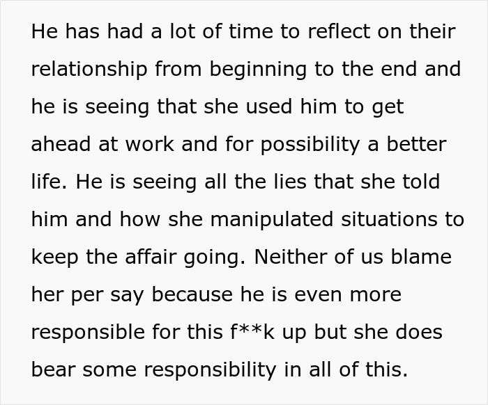 Text about the cheating husband reflecting on his affair with the coworker, realizing she manipulated him, and the impact on his pregnant wife. Text about the cheating husband reflecting on his affair with the coworker, realizing she manipulated him, and the impact on his pregnant wife.