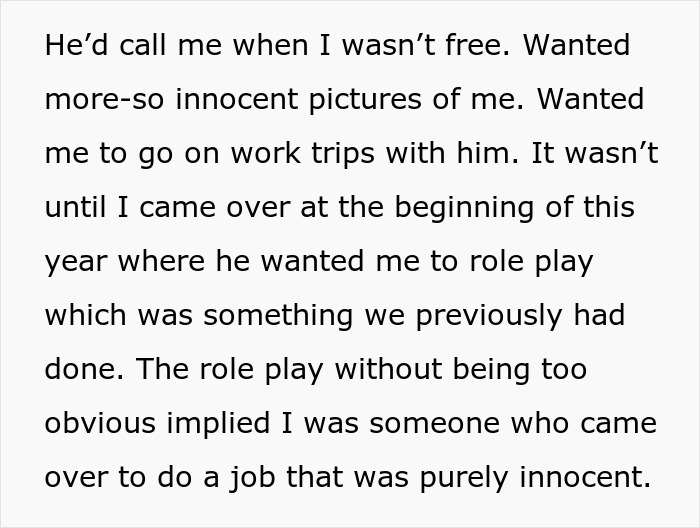 A screenshot of a woman detailing her boyfriend's requests, including role-play, as she discovers he is a cheater.