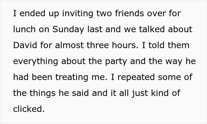 Screenshot of text describing a woman talking to friends about her childish BF. Screenshot of text describing a woman talking to friends about her childish BF.
