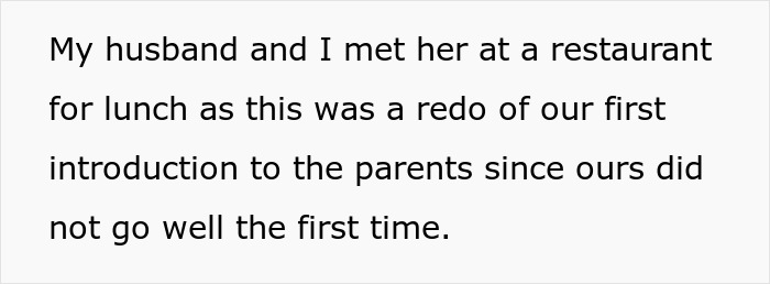 Text snippet: husband and I met her at a restaurant for lunch as this was a redo of our first introduction to the parents